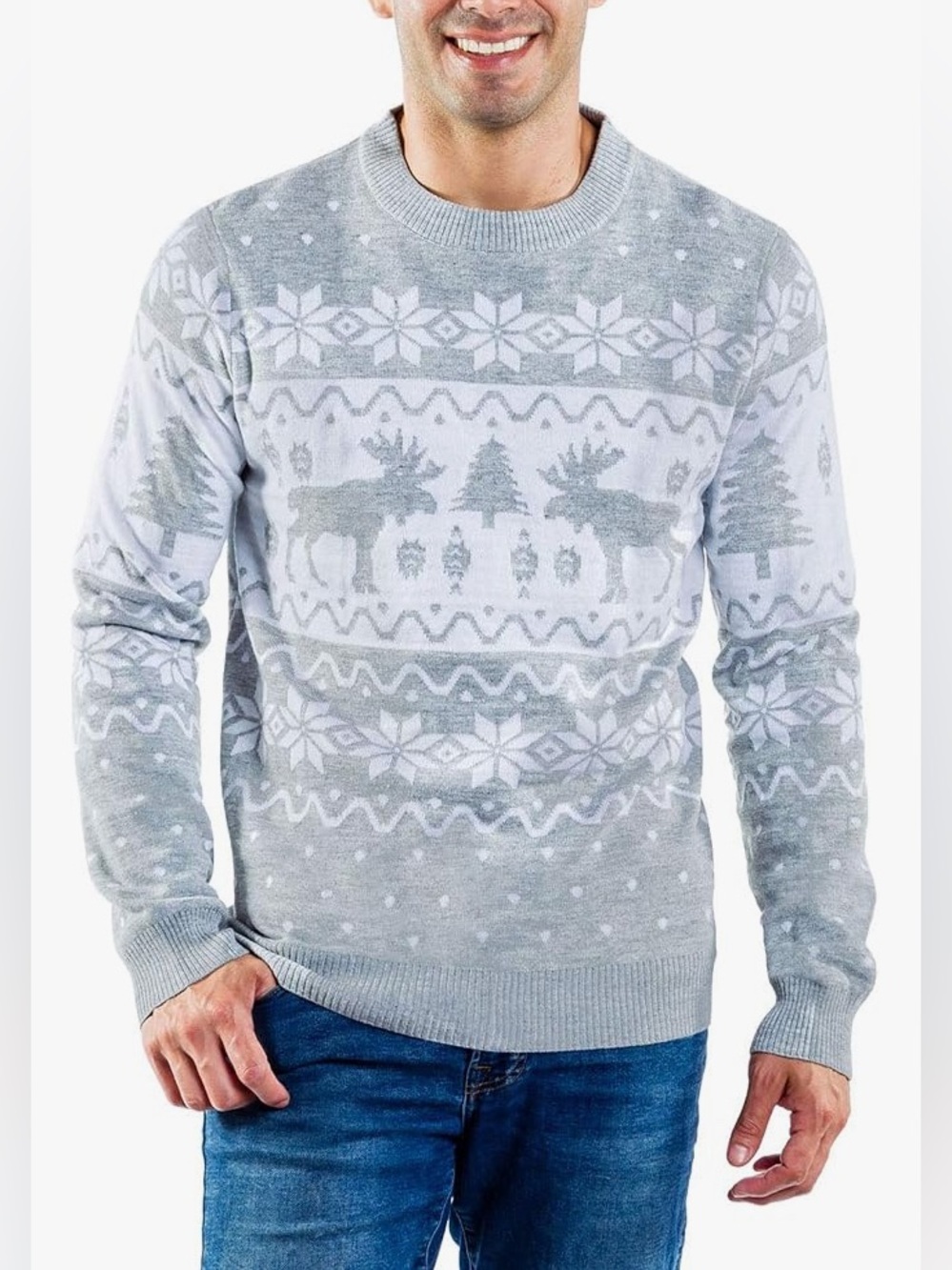 Tipsy Elves Grey Merry Moose Fair Isle Men’s Christmas Holiday Sweater Large